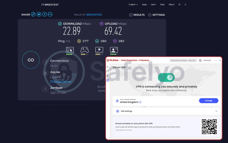 McAfee VPN speed test for the UK server