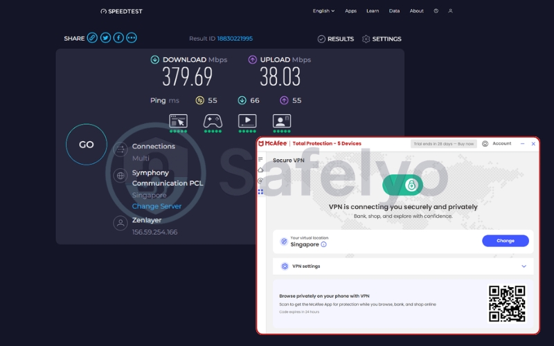 McAfee VPN speed test for the Singapore server