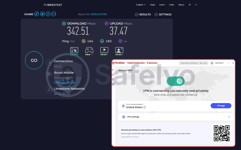 McAfee VPN speed test for the US server