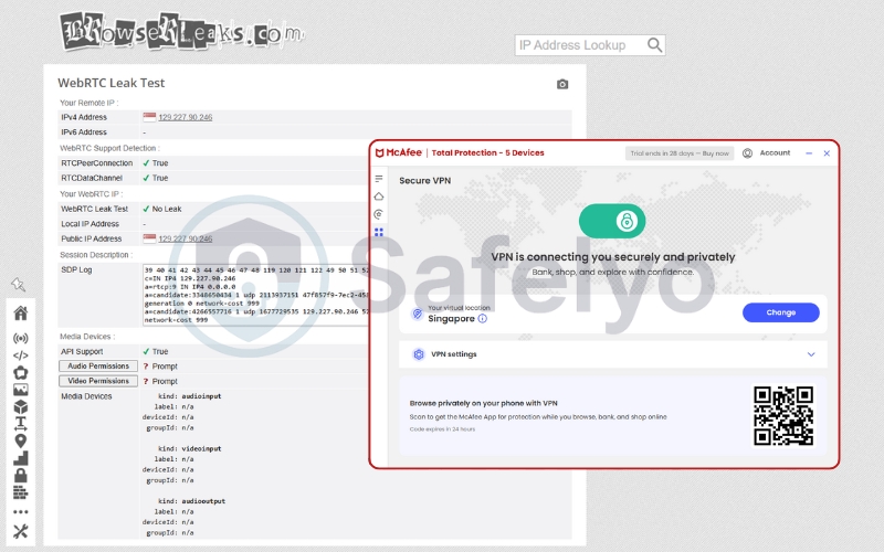 McAfee VPN WebRTC leak test