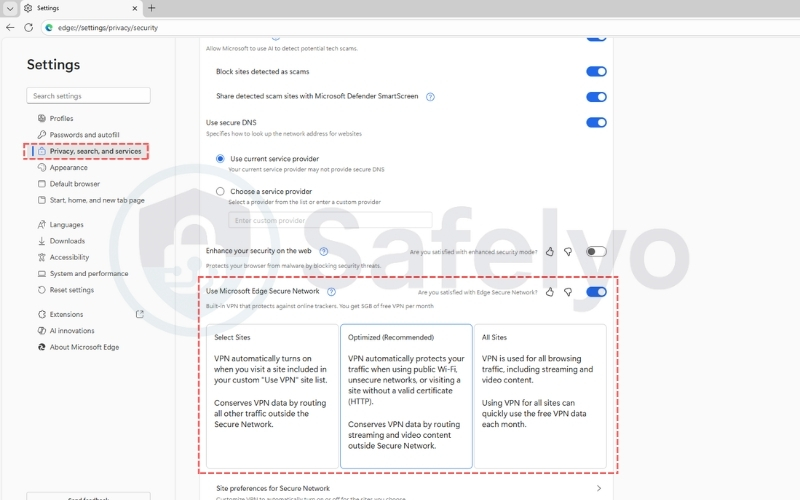 Microsoft Edge: The "Secure Network" (VPN)