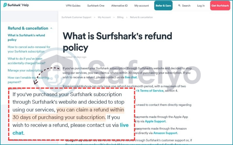 Money-back guarantee and refund policy of Surfshark VPN