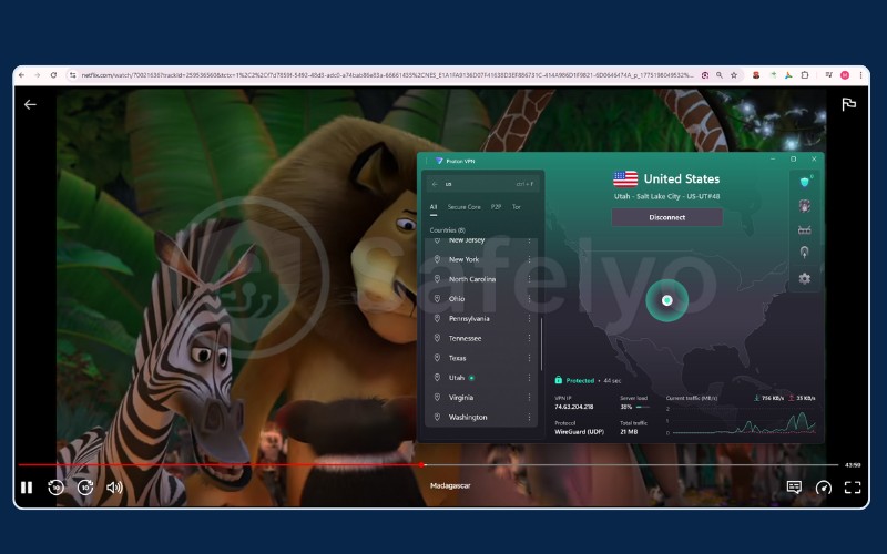 Netflix movie streaming smoothly with Proton VPN
