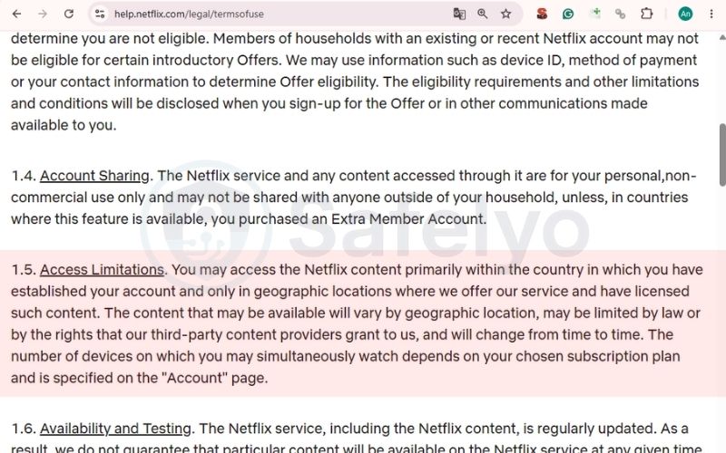 Netflix's Terms of Use about access limitations
