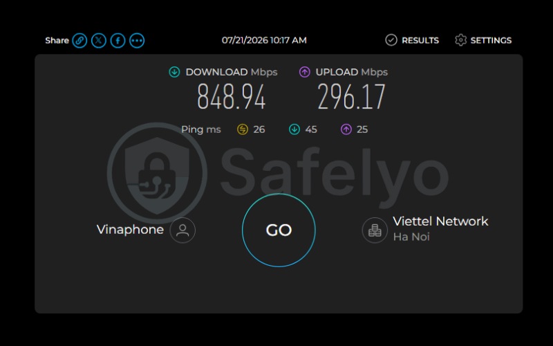 Speed test results for baseline connection without VPN