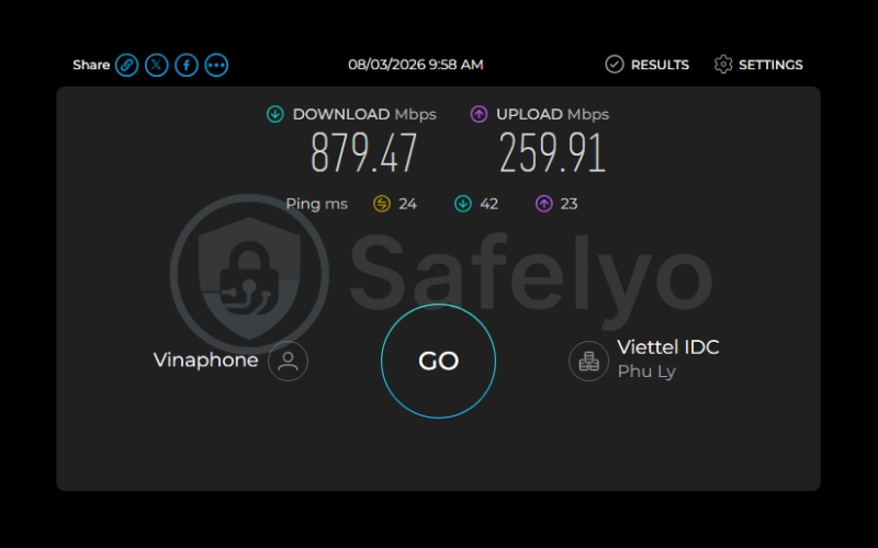 Speed test results for baseline connection without VPN