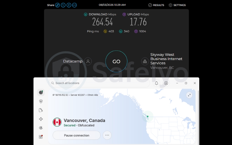 Speed test results of NordVPN on a Canada obfuscated server