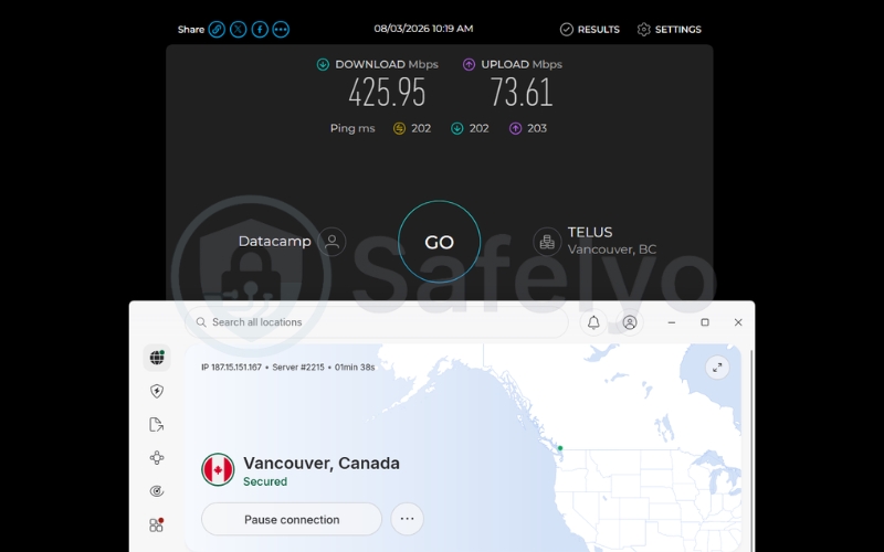 Speed test results of NordVPN on a Canada server