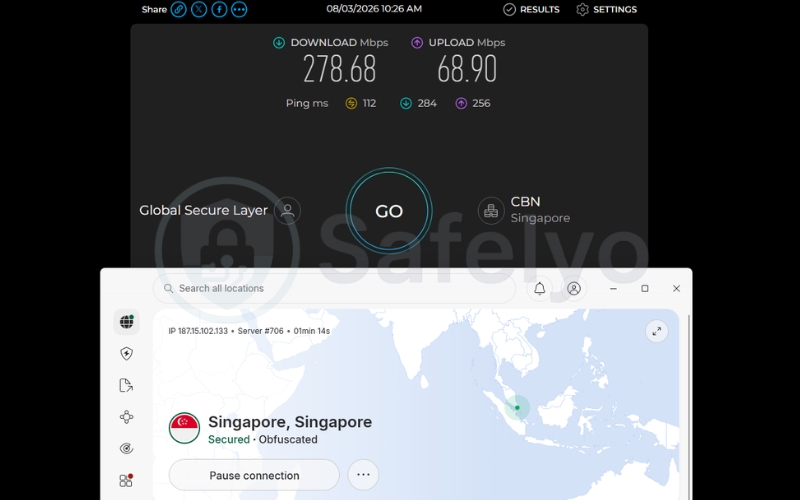 Speed test results of NordVPN on a Singapore obfuscated server