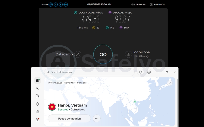 Speed test results of NordVPN on a Vietnam obfuscated server