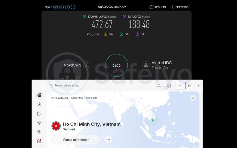 Speed test results of NordVPN on a Vietnam server