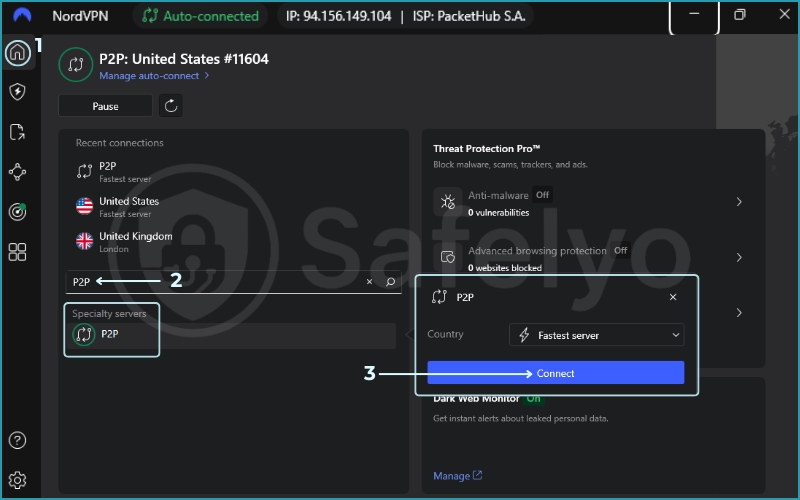 NordVPN P2P-optimised server