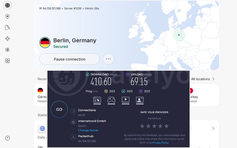 NordVPN speed test in Berlin server