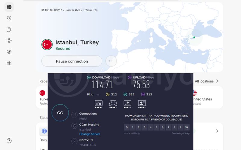 NordVPN speed test in Istanbul server