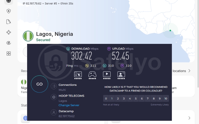 NordVPN speed test in Nigeria