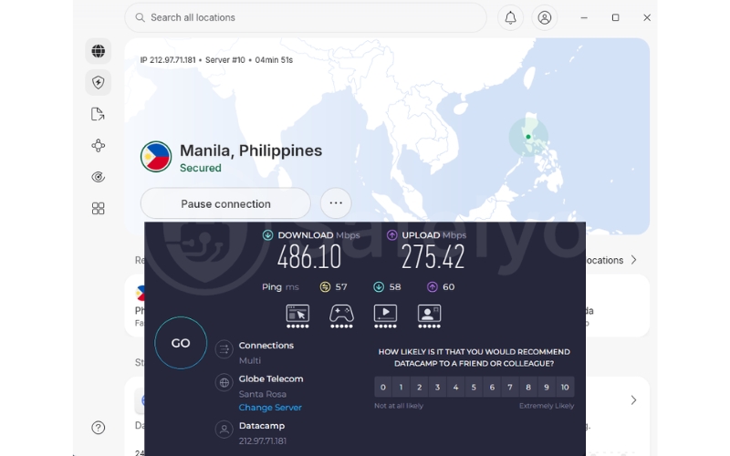 NordVPN speed test in the Philippines