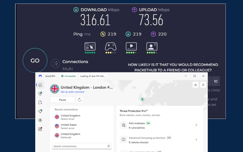 NordVPN speed test in the UK server