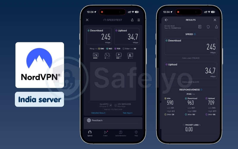 NordVPN mobile speed test results on India server