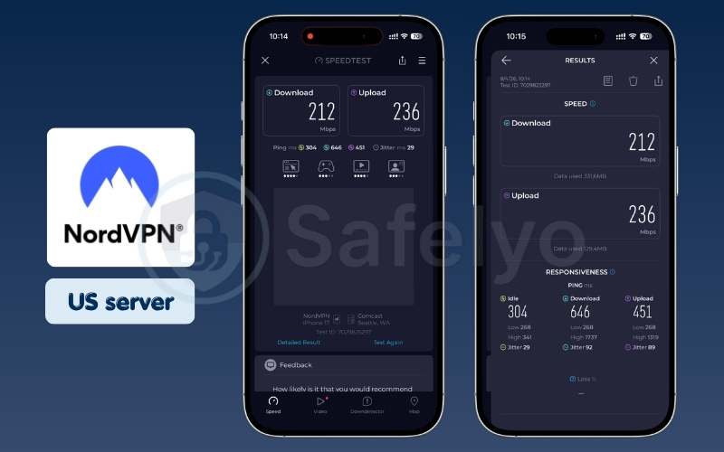 NordVPN mobile speed test results on US server