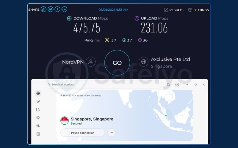 NordVPN speed test on Singapore server using NordLynx