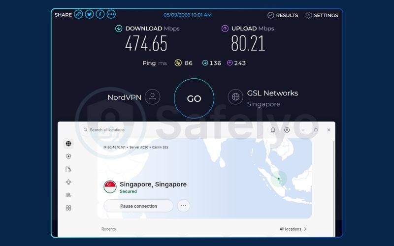NordVPN speed test on Singapore server using NordWhisper