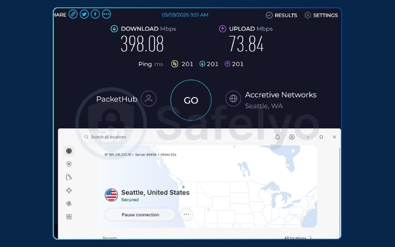 NordVPN speed test on US server using NordLynx