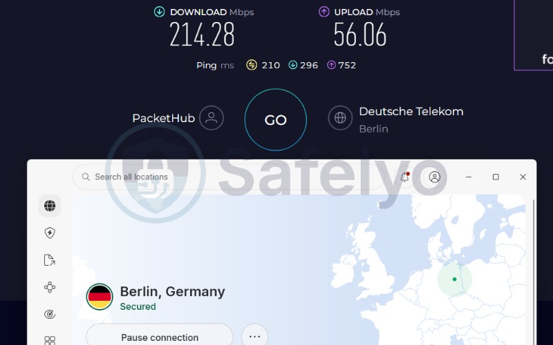 NordVPN speed test results on Germany server