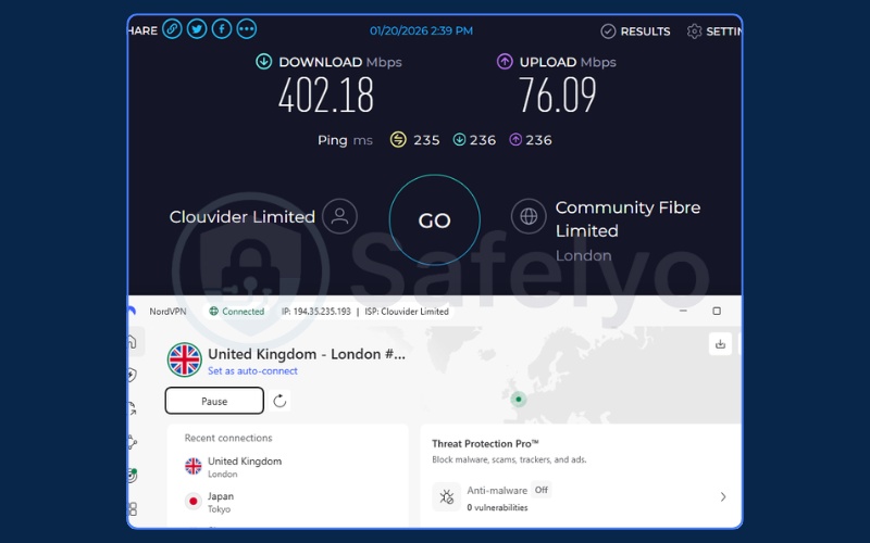 Speed testing NordVPN on a UK server