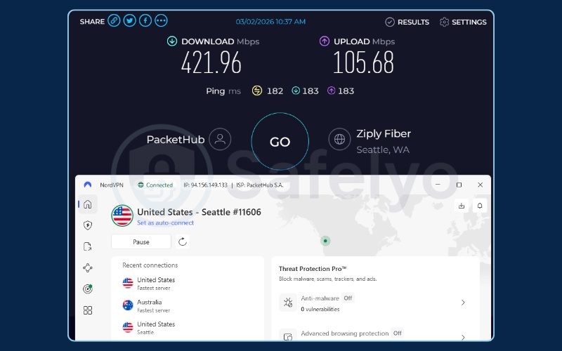 Speed testing NordVPN on a US server