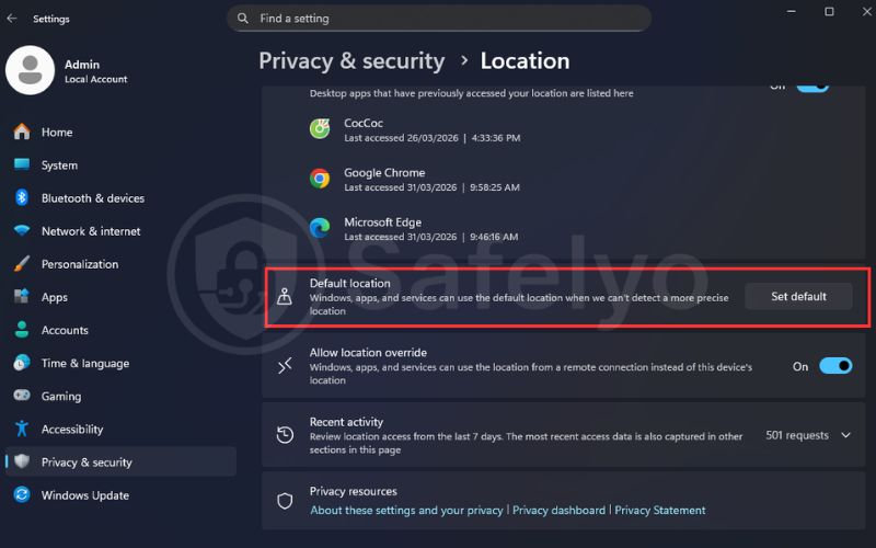 On Default location, choose Set default