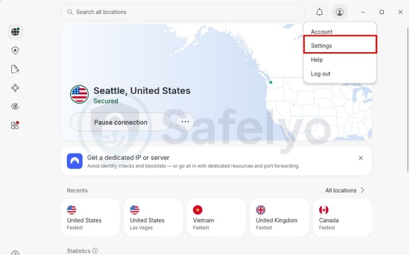 Open the NordVPN app and go to Settings