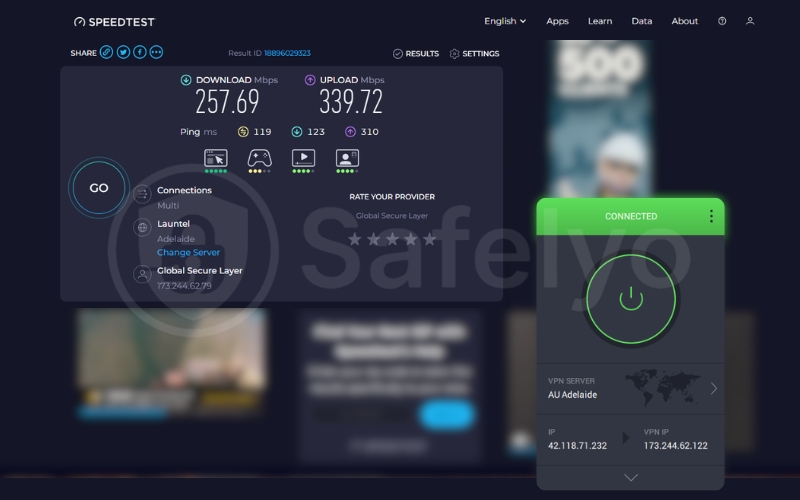 PIA speed test for the Australia server