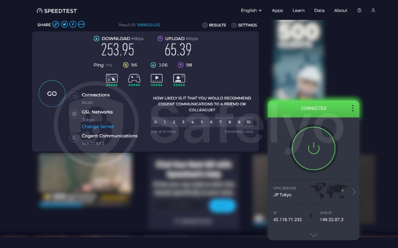 PIA speed test for the Japan server