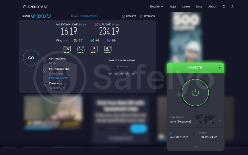 PIA speed test for the Singapore server