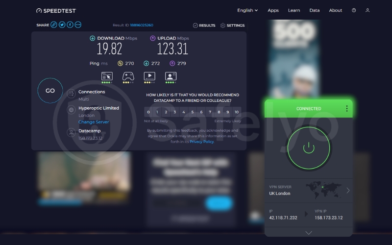 PIA speed test for the UK server