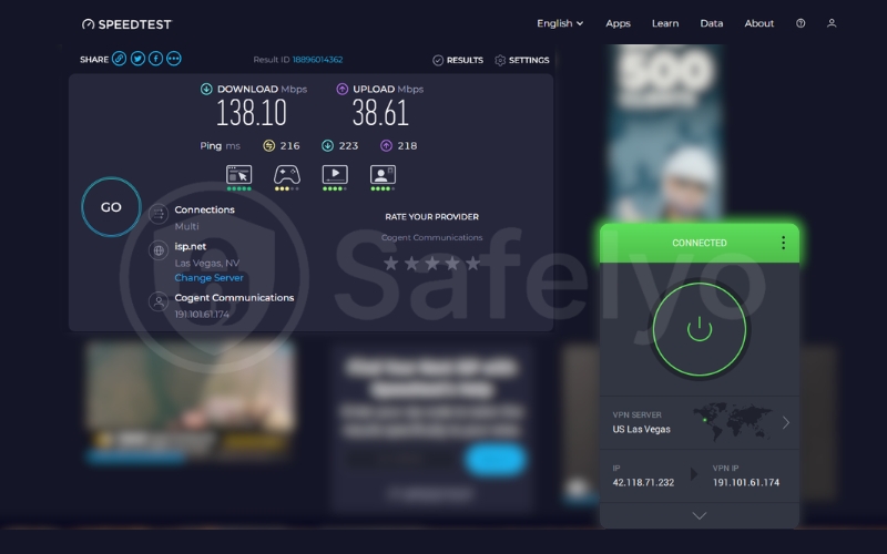 PIA speed test for the US server