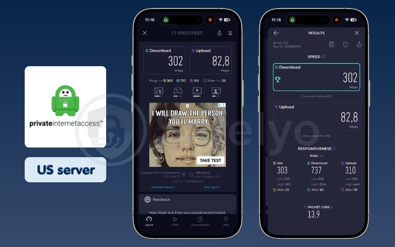 PIA mobile speed test results on US server