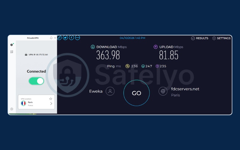 Privado speed test results on France free server