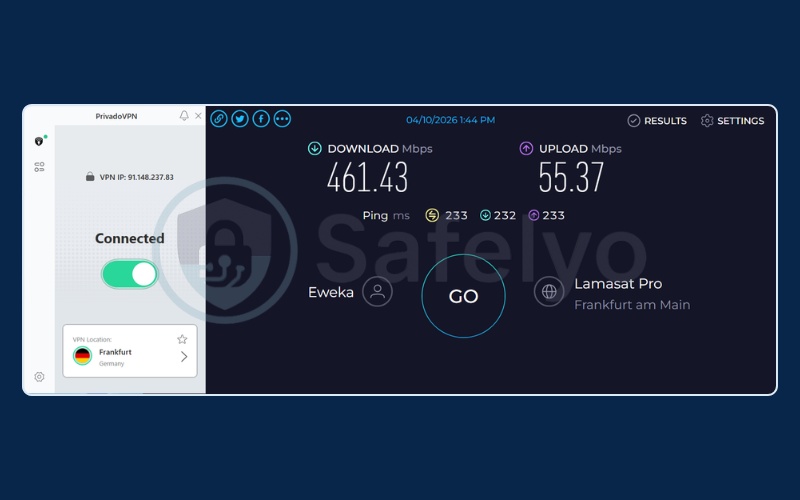 Privado speed test results on Germany free server