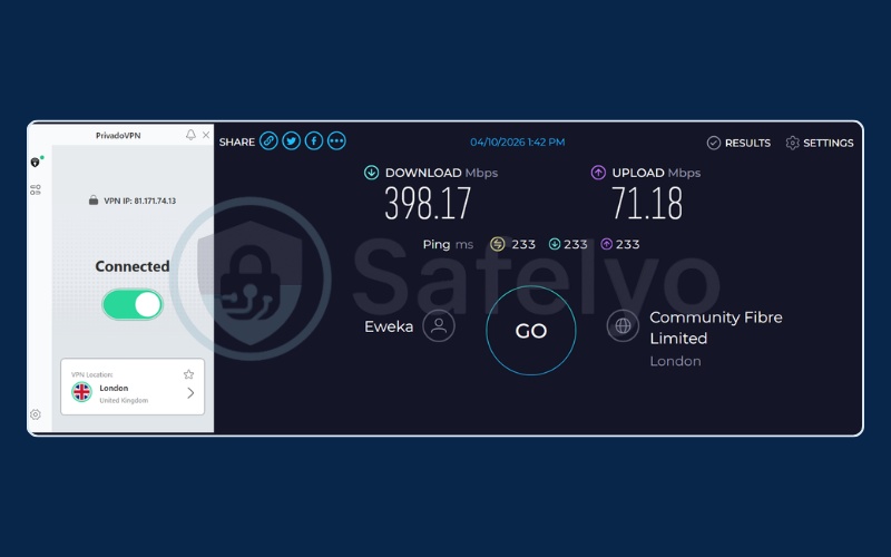 Privado speed test results on UK free server