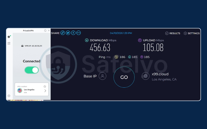 Privado speed test results on US free server
