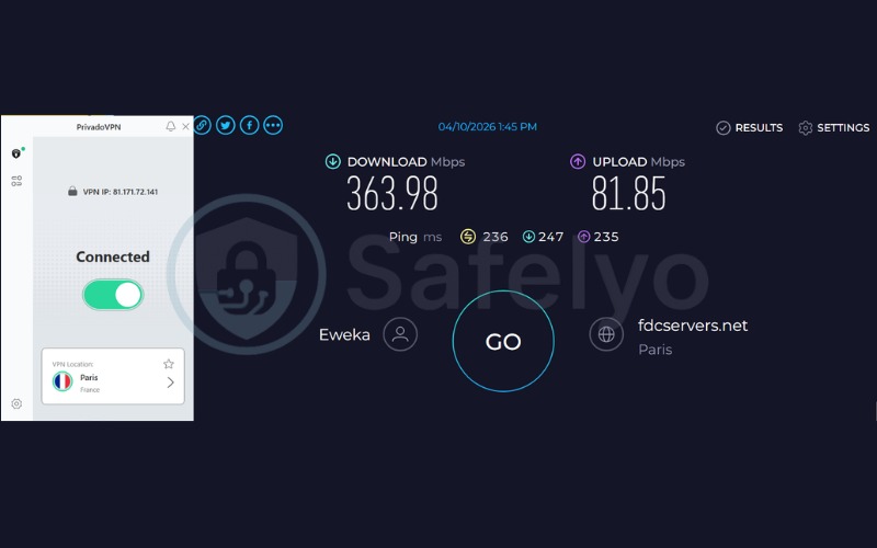 PrivadoVPN speed test results on France server