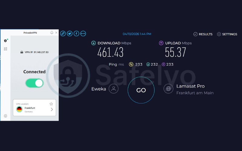 PrivadoVPN speed test results on Germany server