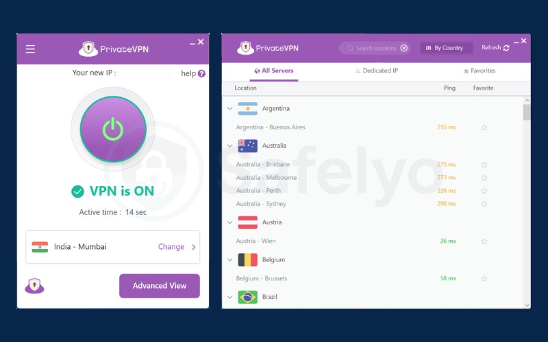 PrivateVPN - Desktop application interface