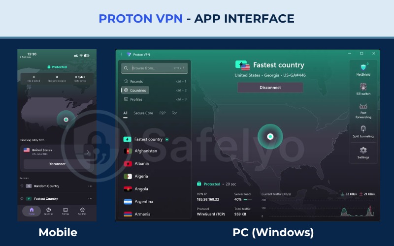 Proton VPN - App interface