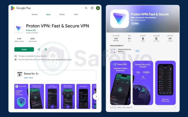 Proton VPN app ratings on Apple App Store and Google Play Store from April 2026