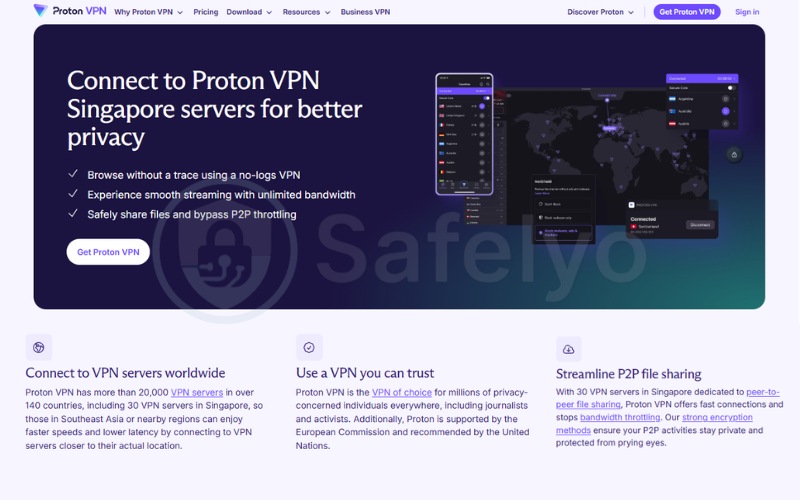 Proton VPN landing page for Singapore VPN