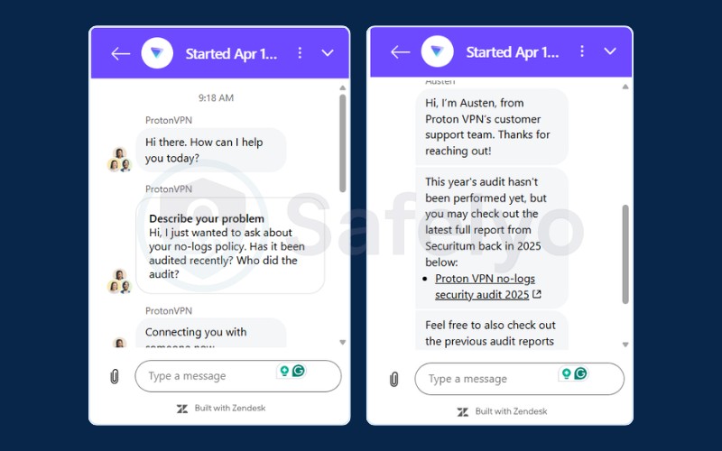 Proton VPN live chat customer support interface