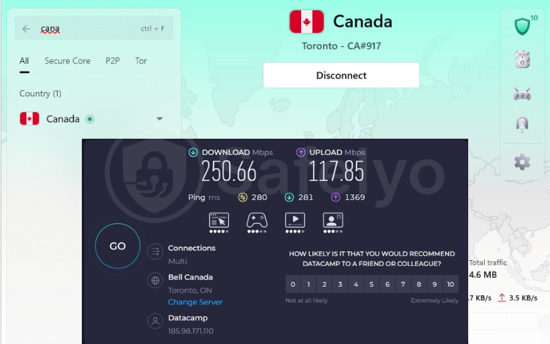 Proton VPN speed test in Canada