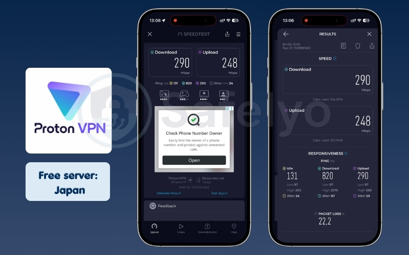 Proton VPN mobile speed test results on Japan free server
